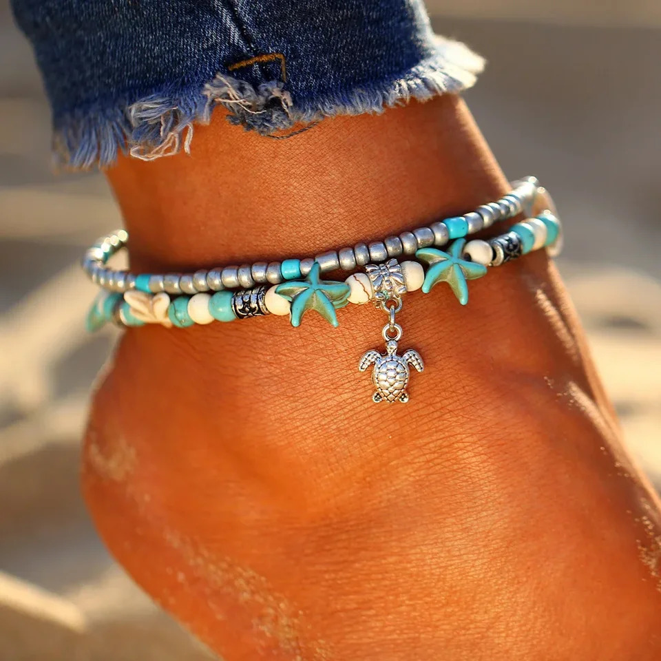 Summer Beach Boho Double Heart Anklets for Women Fashion Shell Starfish Ankle Bracelet on Leg Barefoot Handcraft Chain Jewelry 250528