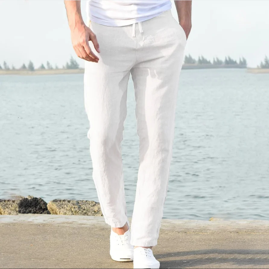 Mens Cotton Linen Pants Joggers Sweatpants Streetwear Breathable Solid Color Linen Trousers Vacation Summer Loose Pants S-5XL 250605