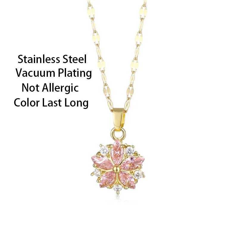 New Sweet Pink Cherry Blossoms Pendant Stainless Steel Necklaces For Women Korean Fashion Temperament Clavicle Chain Jewelry Y250605