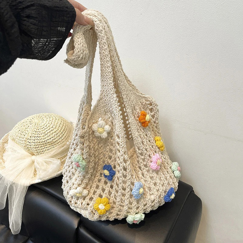 Ins Handbag Knitted Loose Wool Bag Singleshoulder Simple and Lightweight Woven Beach Bag 250605
