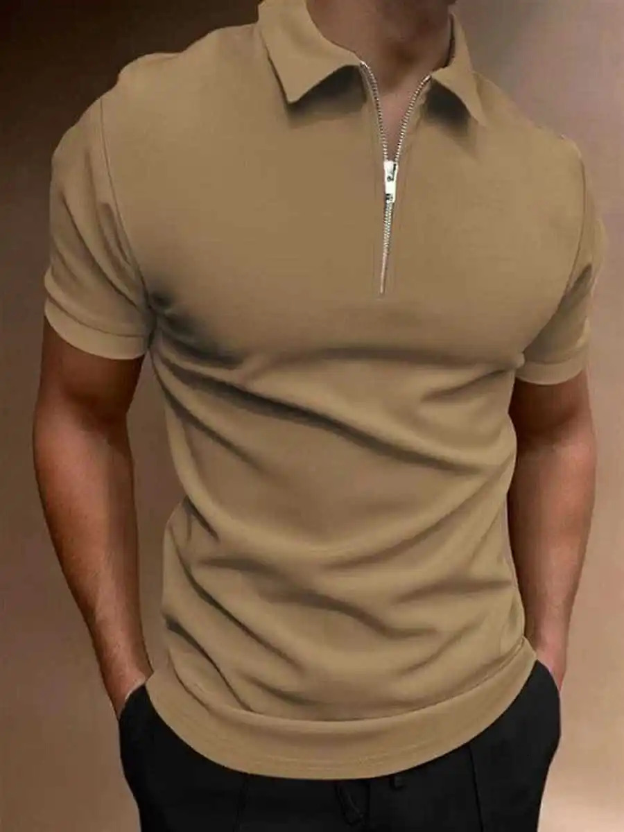 Mens polo shirt solid color short-sleeved zipper lapel T-shirt casual top 250605