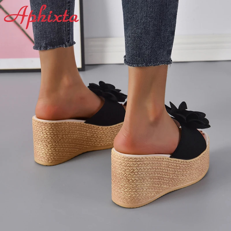Aphixta Summer 9cm Wedge Heels Slippers Women Big Pearl Bead Flowers Cow Suede Bow Mulers 4cm Platform Sandals Clog Shoes Slides 250603