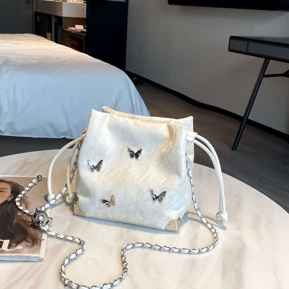 Butterfly Chain Bucket Simple Fashion Drawstring Wrinkle Texture Stylish Niche Women's Shoulder Bag 8513#