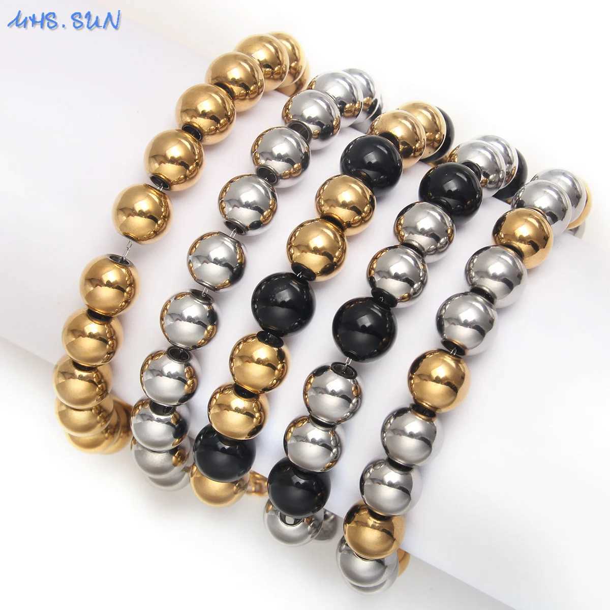 MHS.SUN Waterproof Smooth Beads Bracelet Adjustable Gold Silver Color Stainless Steel Round Balls Bracelets Unisex Party Jewelry W250606