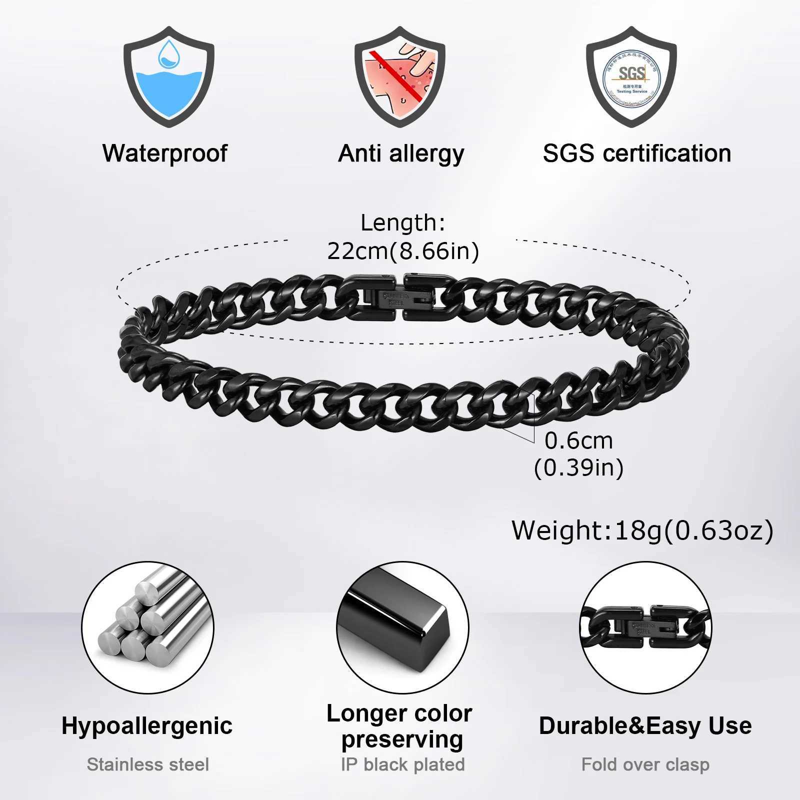 Black Miami Curb Chain Bracelet for Men 6-12MM Chunky Stainless Steel Cuban Link Chain Wristband Stylish Punk Male Jewelry W250606