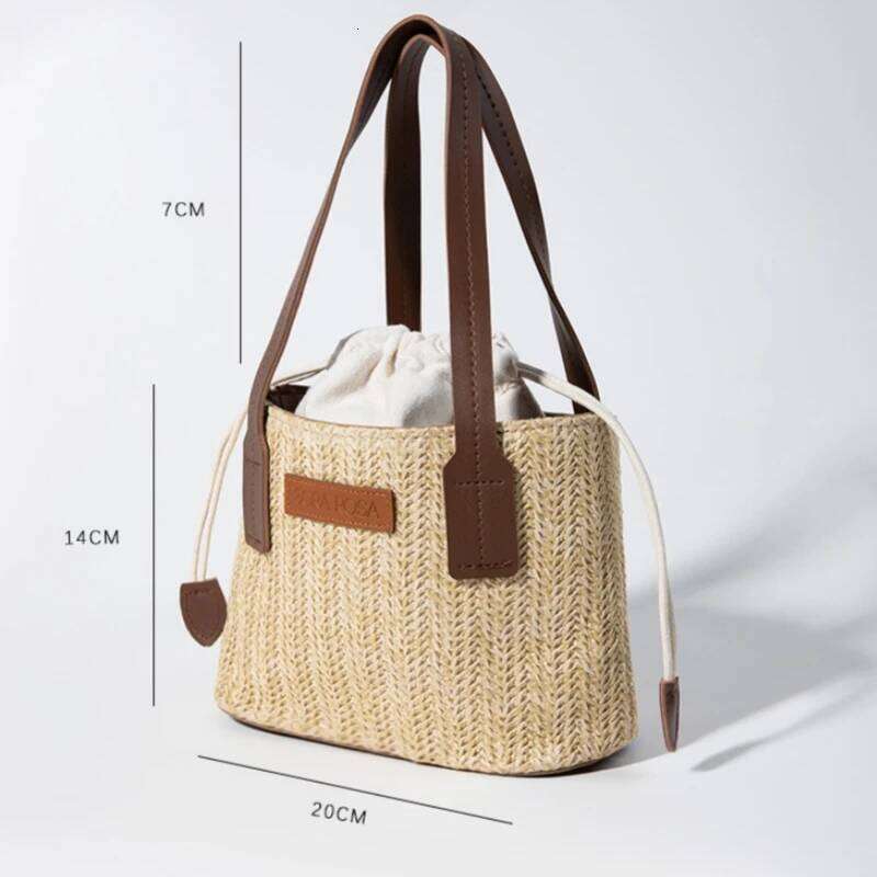 Meet You Summer Woman Straw Braided Bucket Casual Drawstring Handbag Weekend Vacation Beach Bag Small Tote Purses Crossbody