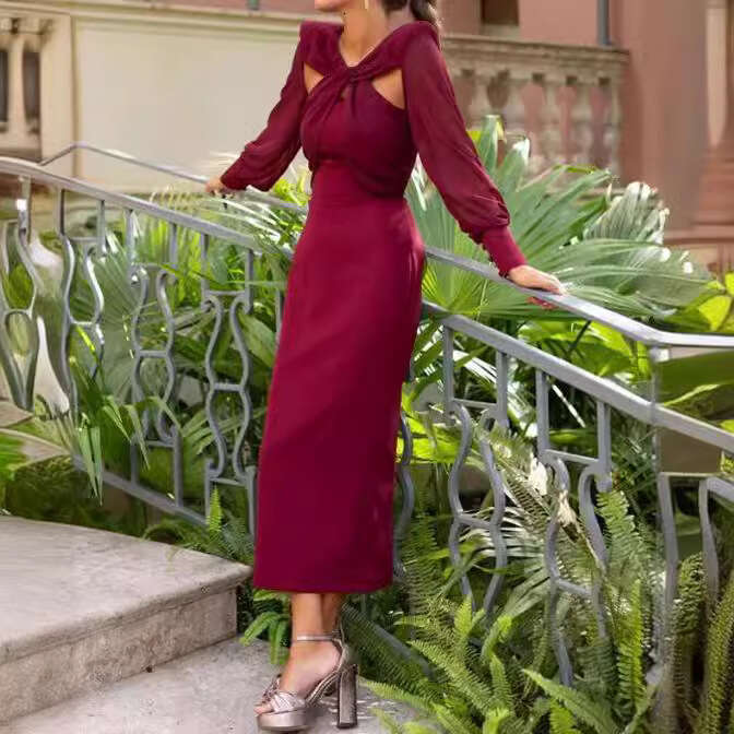 Women's Elegant Pure Color Hollow Twist Patchwork Long Sleeve Slim Fit Dress B5