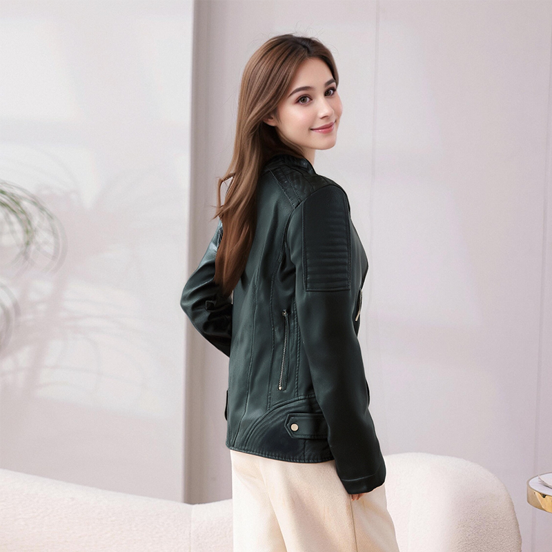 Motorcycle leather jacket, women's short style, new popular fashion, slim fit, stand up collar jacket, high-end feeling, small stature