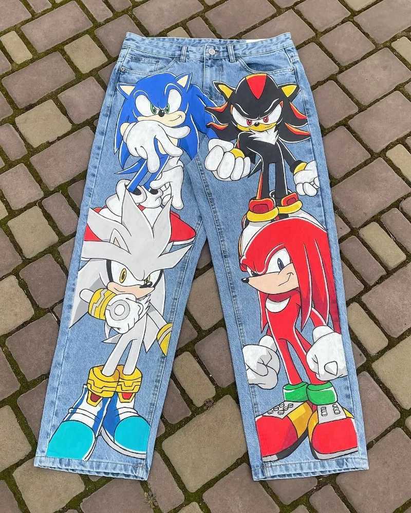 Harajuku Baggy Jeans Streetwear Hip Hop Rock Fashion Trends Anime Patterns Men Women Loose Straight Leg Wide Leg Casual Pants Z250605