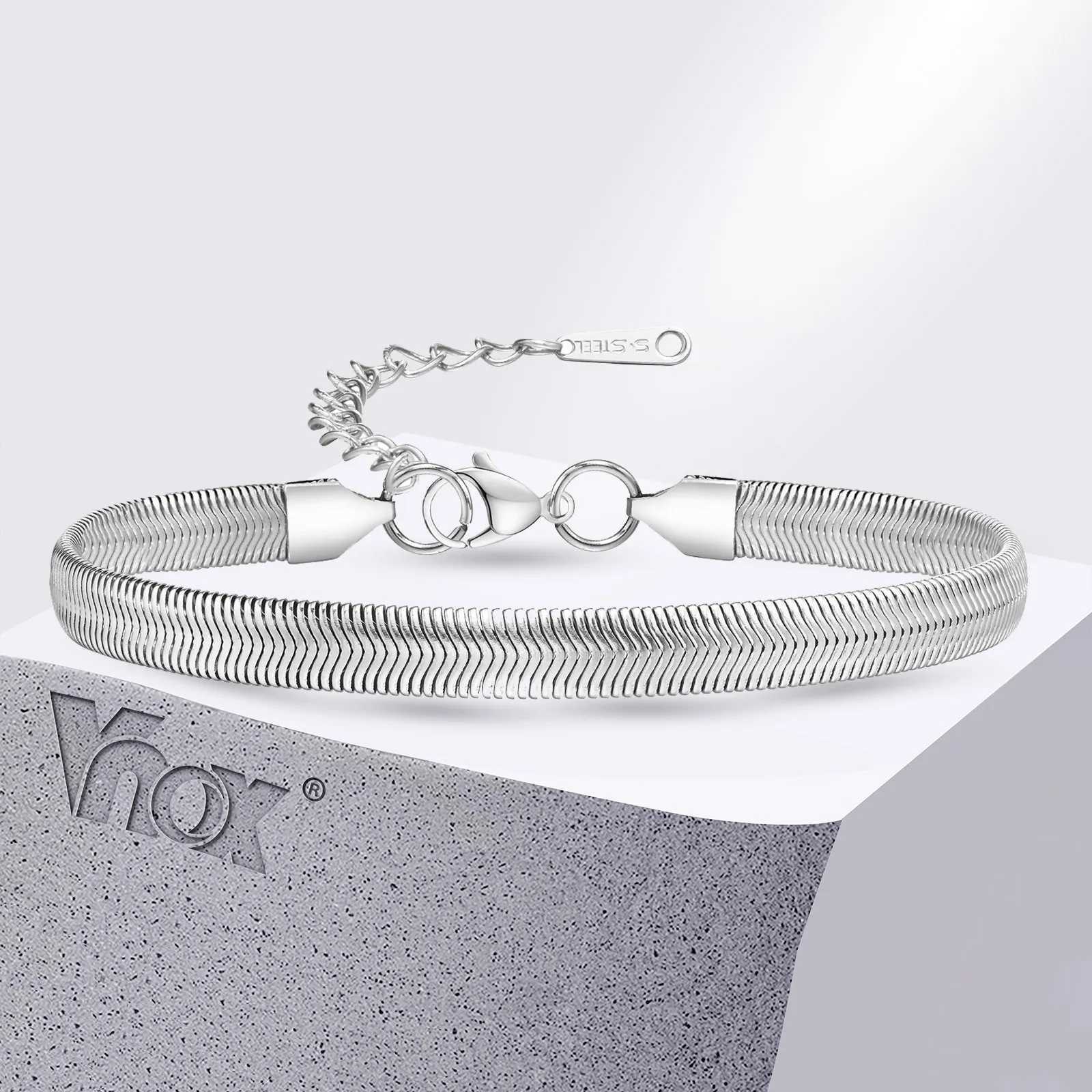 Vnox 6mm Unisex Flat Snake Chain Bracelets Mens Women Herringbone Links Bracelet Adjustable Stainless Steel Simple Jewelry W250606