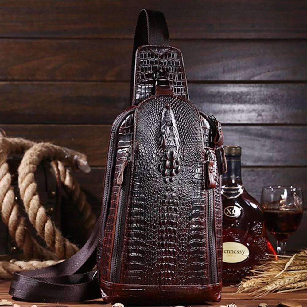 Men Cross Body Shoulder Chest Sling Backpack Genuine Leather Crocodile Pattern Real Cowhide Travel Male Side Messenger Bag