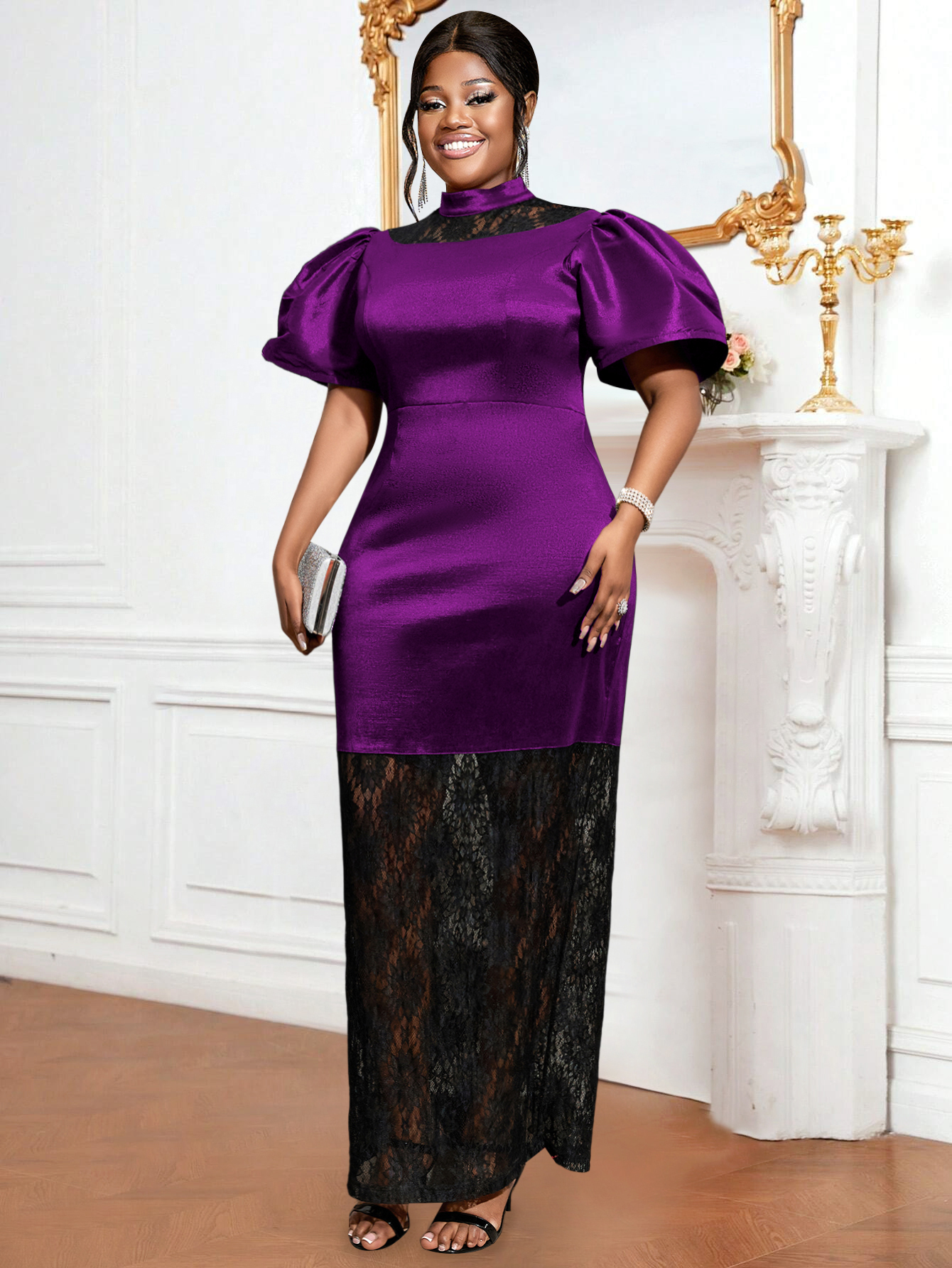 Black Purple Long Dress For Woman Elegant Sheath Short Puff Sleeves Lace Patchwork Sexy High Slit Formal Party Wedding Plus Size Gowns