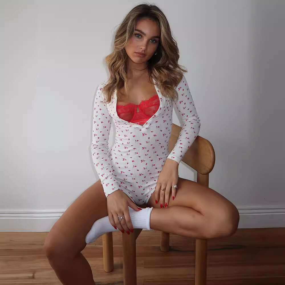 Women's Summer New Fashion Floral Print Long Sleeve Casual Versatile Short Jumpsuit B5