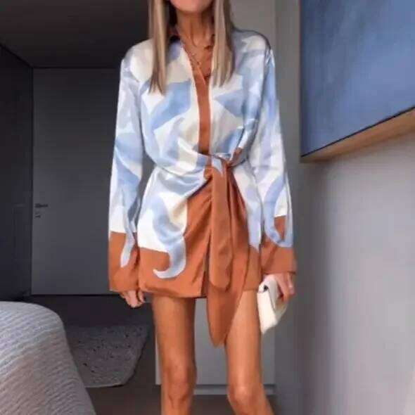 Casual Printing Lace Up Mini Dress Lapel Full Sleeve Holiday High Waist Slim Vestido 2025 New Summer Vacation Beach Commute Robe