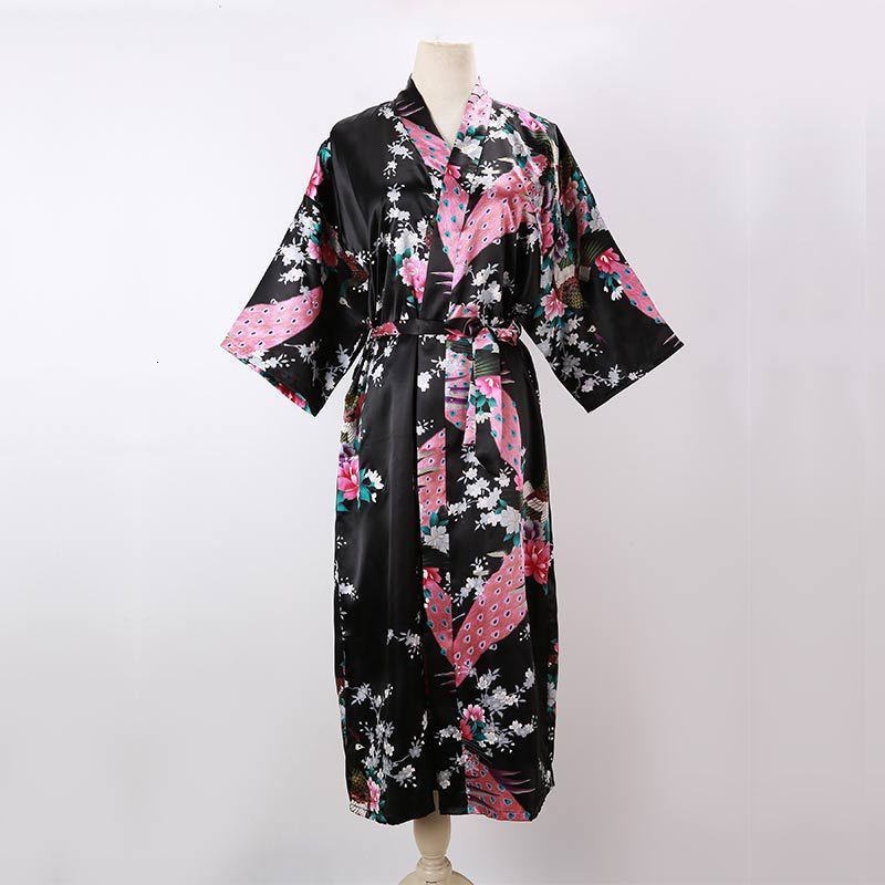 Women Sexy Long Nightgown Summer Kimono Robe Thin Peacock Print Bathrobe Imitation Silk Kimono Nightgown 241204