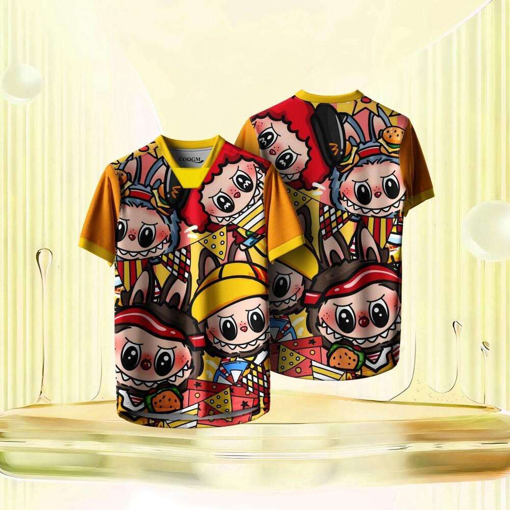 Labubu Printed Cartoon Washed Gradient T-Shirt Trendy Brand Pure Cotton Crew Neck Loose Short Sleeve