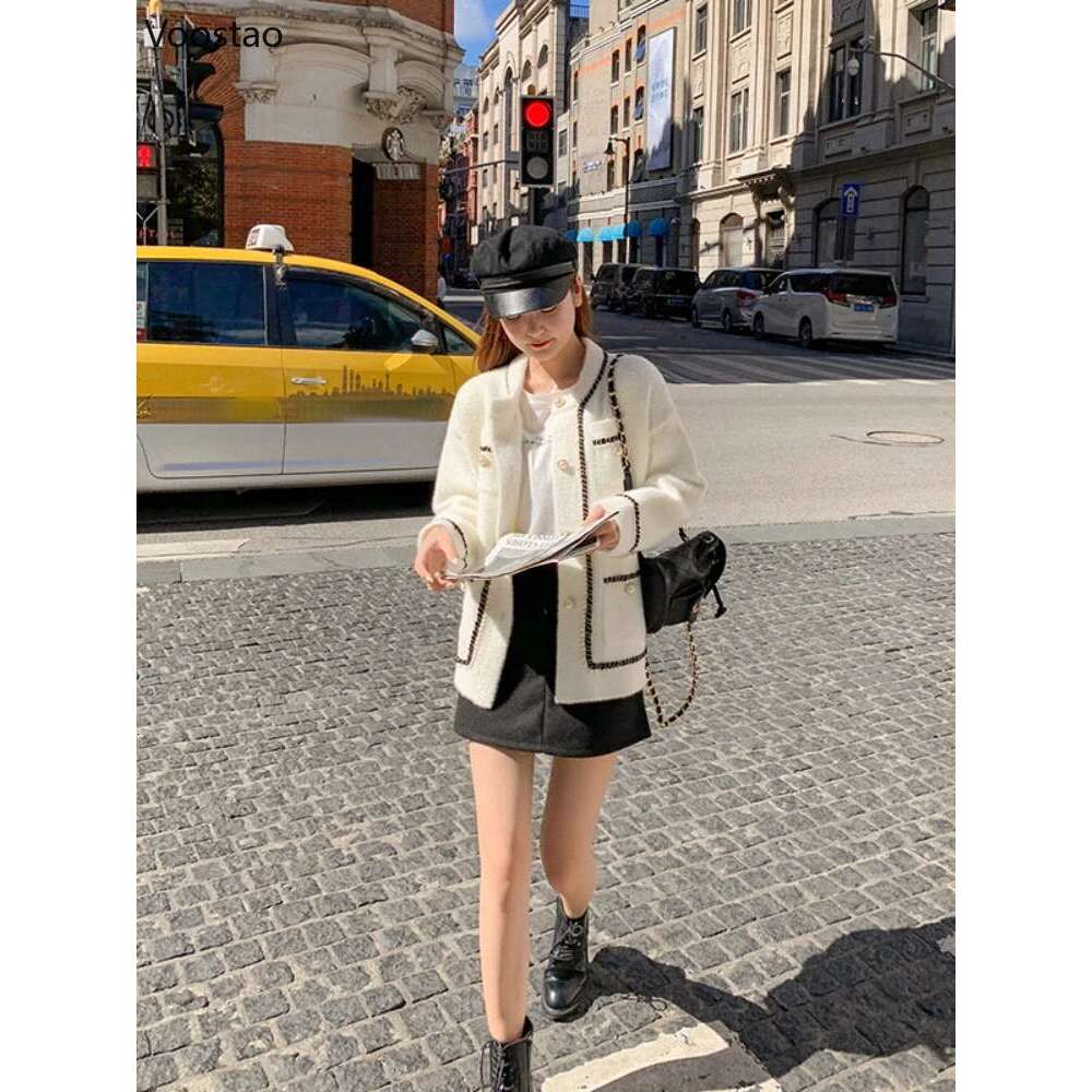 White Mink Cashmere Sweater Coat Women Autumn Winter Lazy Style Korean Retro Black Loose O-Neck Knitted Cardigan Fashion Outwear