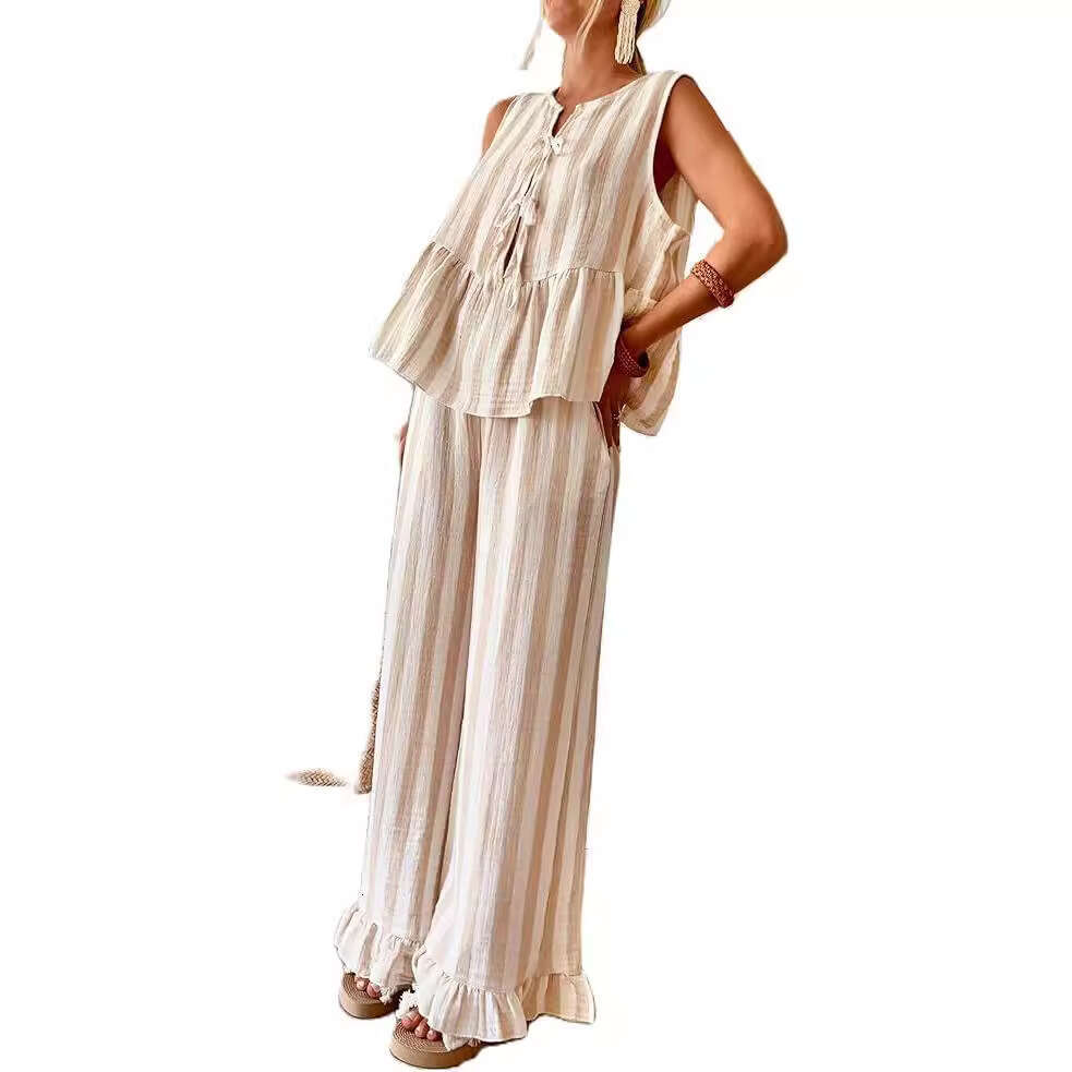 Temu Tie 2-Piece Set Striped Front Open Vest Top Wide-Leg Casual Pants Summer B5