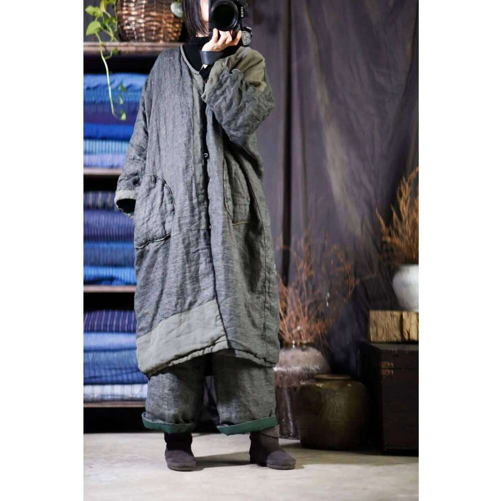 Women Linen Patchwork Thin Padded Outerwear Ladies Vintage Washed Flax Spliced Long Coat Parkas Female Topcoat