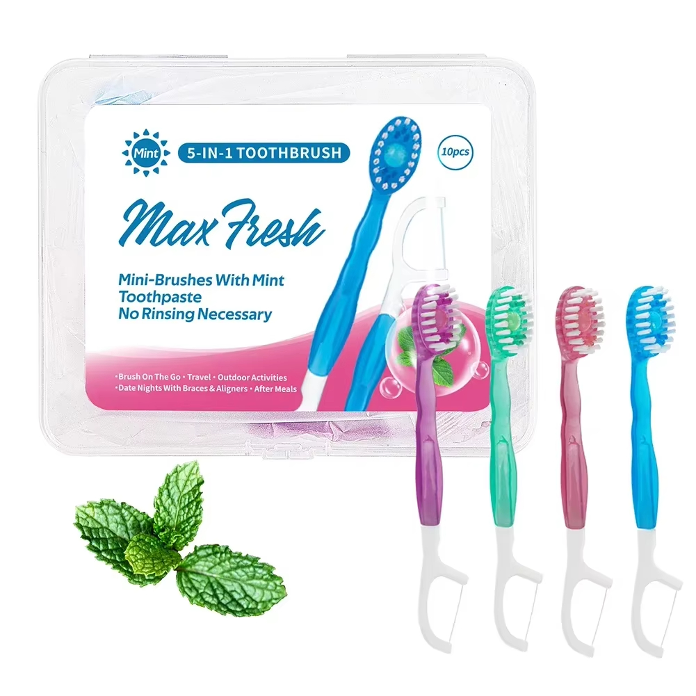 5 in 1 Mini Disposable Double Cleaning Beads Soft Brushes Toothbrushes,with Toothpaste + Tongue Scraper + Picks + Floss,Work or Travel Portable Oral C