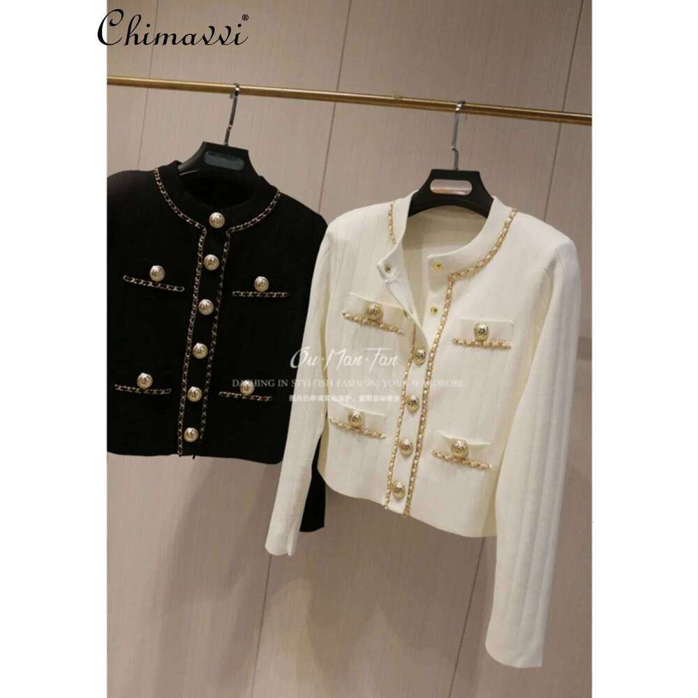 Short Slim-fit Sweater Chain Gold Buckle Jacket Autumn and Winter New Fashion Loose Elegant Women's Knitted Cardigan