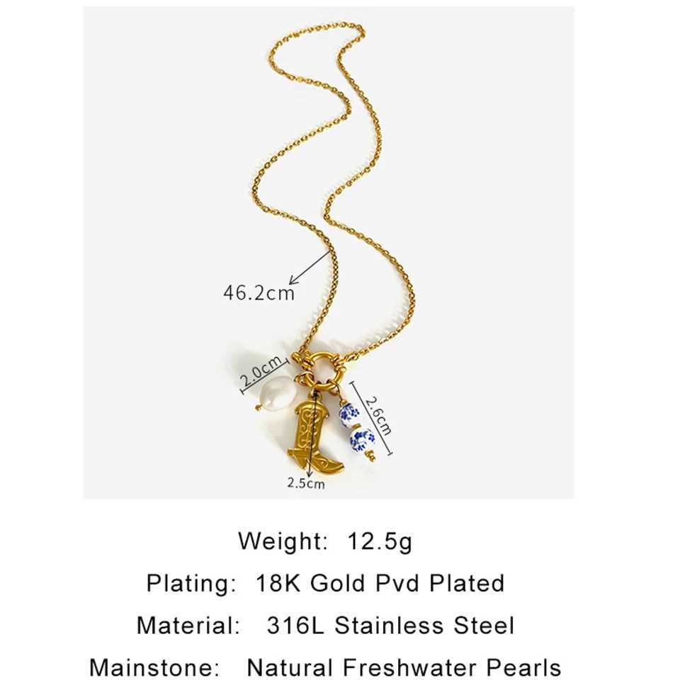 Trend 316L Stainless Steel Natural Freshwater Pearl Circular Ceramics Shoe Shape Pendant Necklace Women Fashion Unique Gifts Y250605