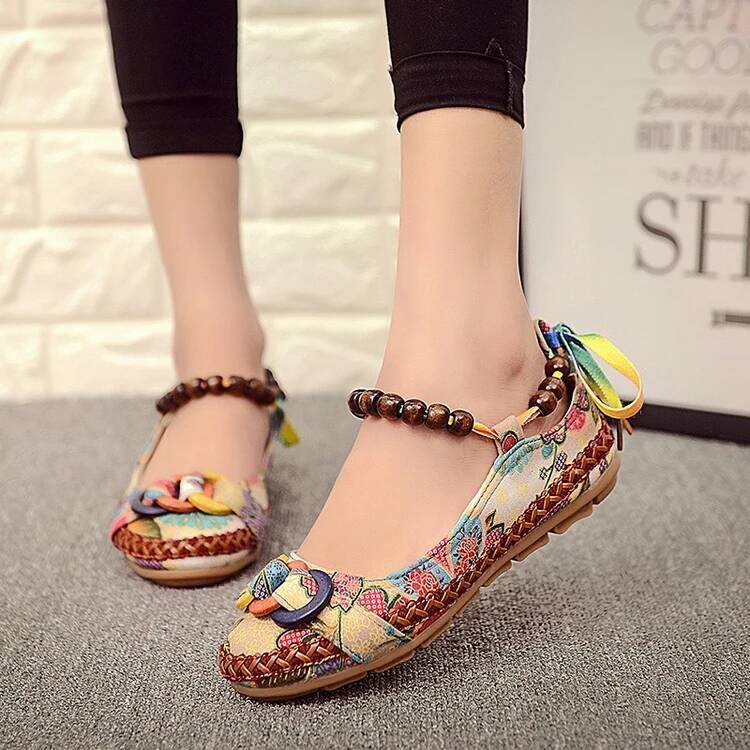 Ddmyoutdoor Plus Size Casual Flat Women Flats Handmade Beaded Ankle Straps Loafers Zapatos Mujer Retro Ethnic Embroidered Shoes Outdoor Shoes