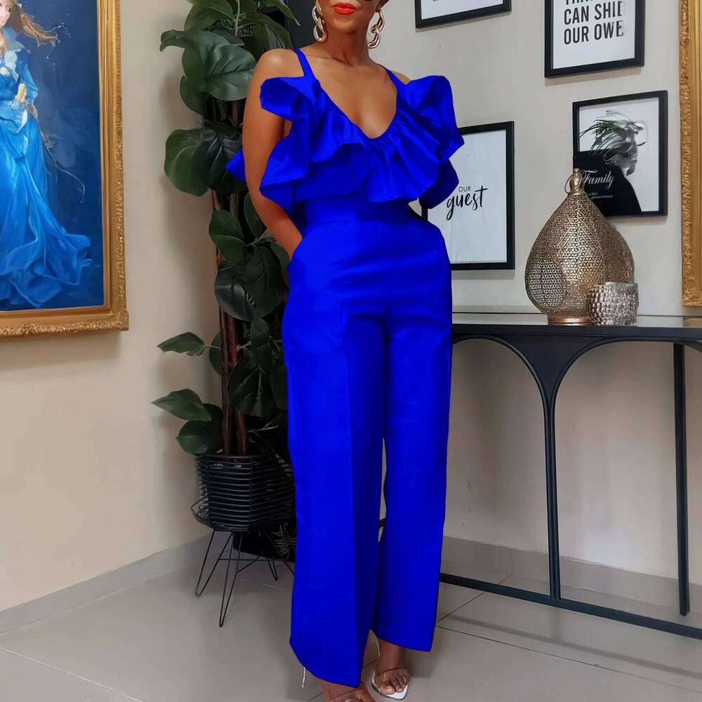 Women Two Pieces Set V Neck Strap Crop Tops Ruffles High Waist Pants Sexy Female Suit Summer Fashion Party New 2025