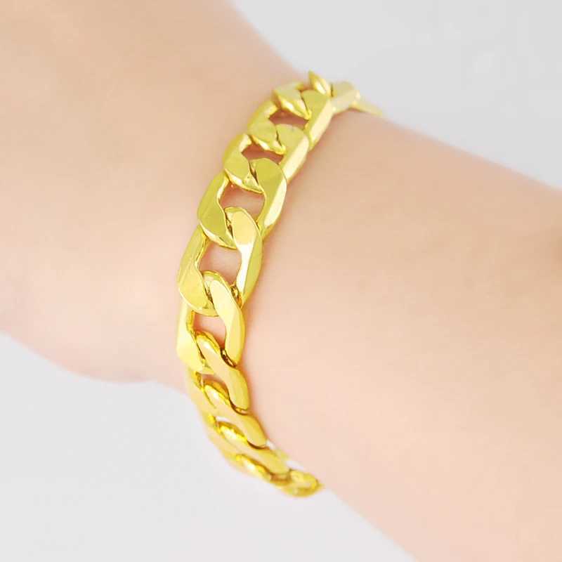 Wholesale 24k Gold Filled 10MM Curb Link Chain Bracelet for Men Women 20CM Long. Fashion Pure Gold Color Cuban Bracelet Jewelry W250606