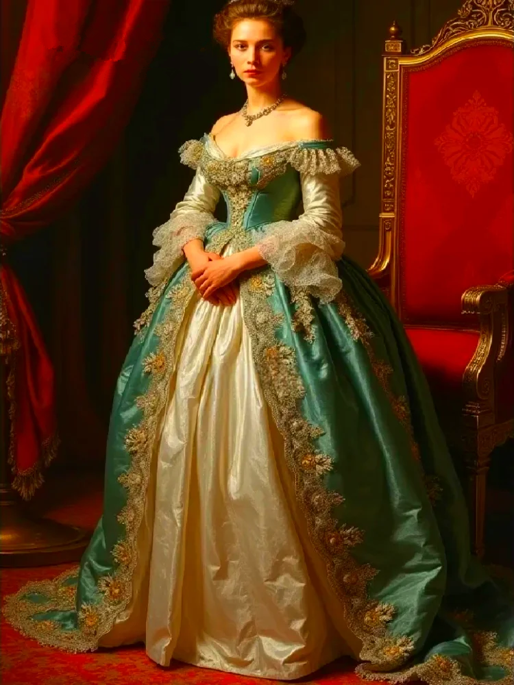 Vintage Victorian Prom Dress Off-Shoulder Long Sleeves corset Medieval walk tea Evening Gown Gold Lace Appliques Customized