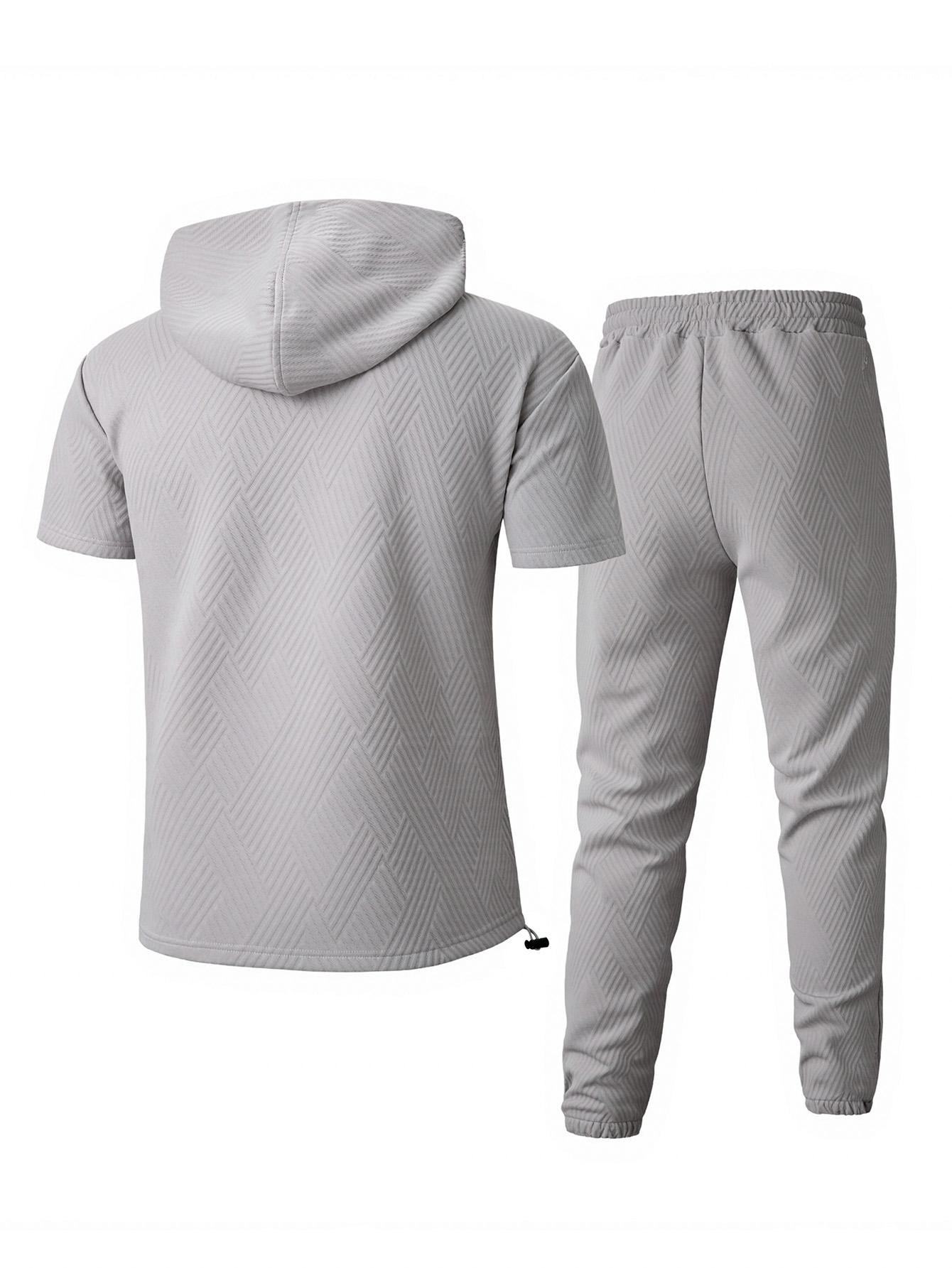 Men's casual fashion suit knitted jacquard hooded zipper pocket short sleeved and drawstring pants two-piece set