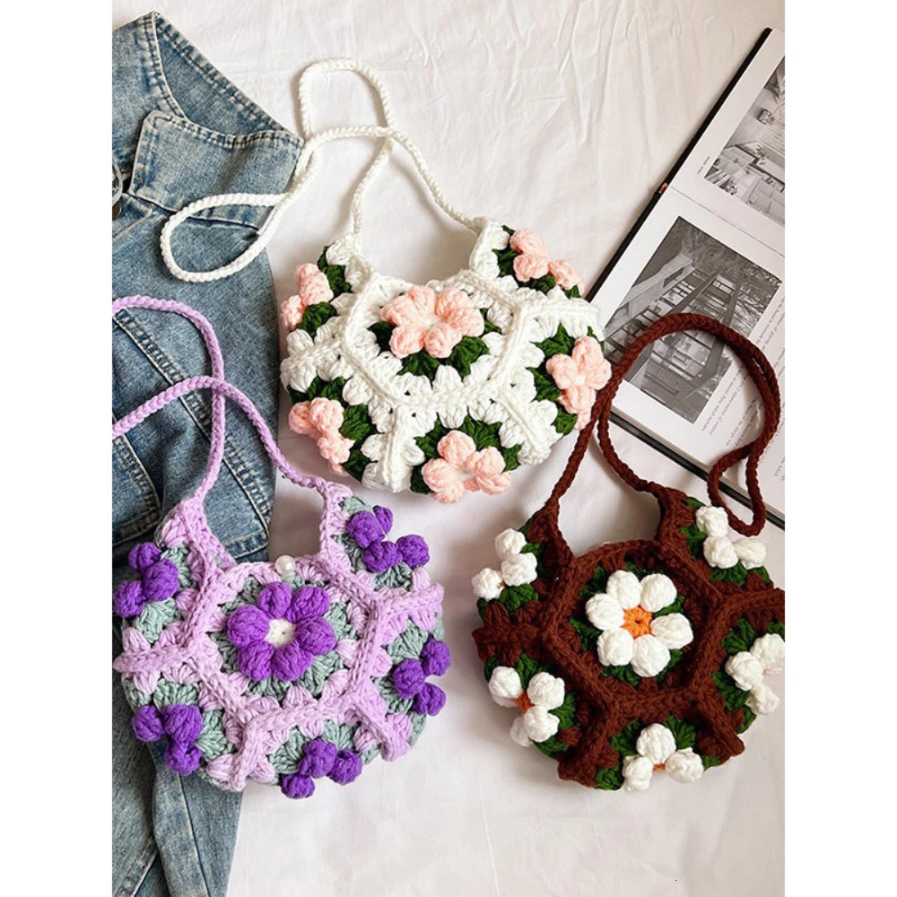 Knitted Bags Spring Summer Floral Contrast Color Soft Crossbody Bag Women Daily Holiday Casual Shoulder Packs 250605