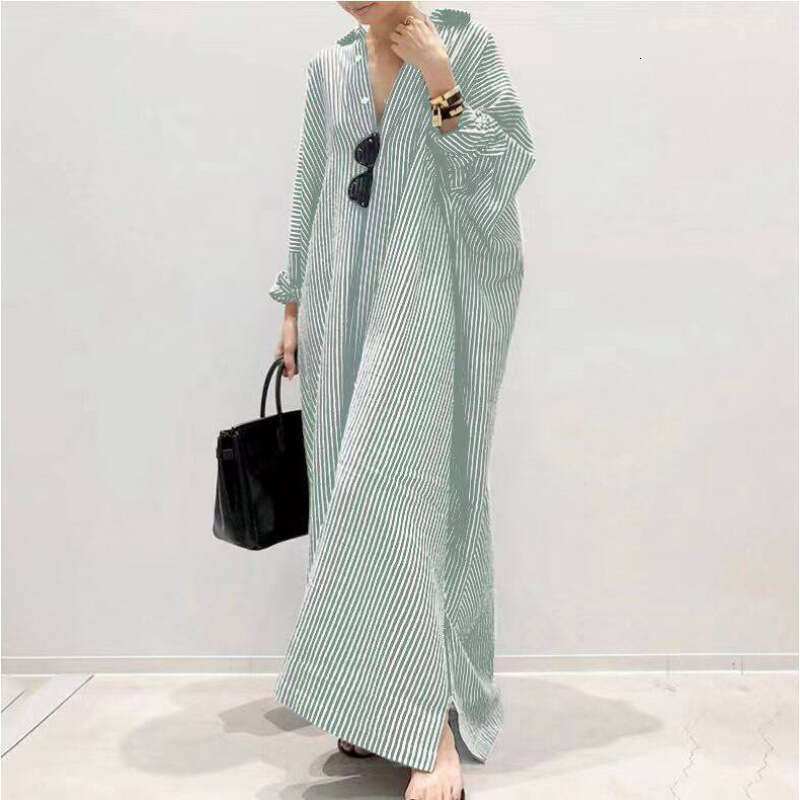 New Loose Striped Print Fashion Women's Plus Size Long Dress Cardigan B5