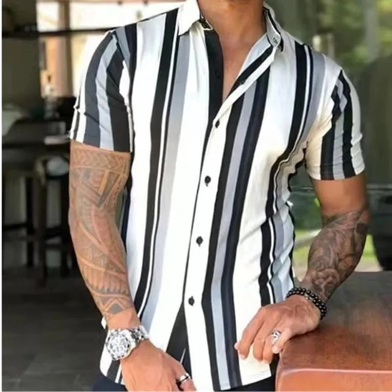 Mens Shirts Fashion Stripes Print Short-sleeved Tees Summer Tops Men Turn-down Collar Button Casual T-shirt Clothing 250605