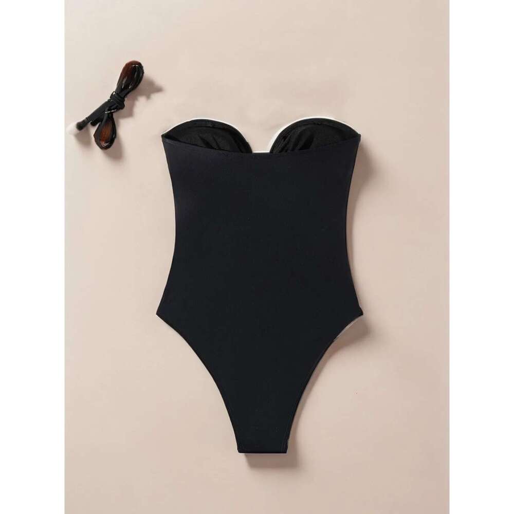 Solid Color Black One Piece Swimsuit for Women Starfish Strapless High Waist Hollow Out Bikini Monokini Beach Swimwear 2025 New
