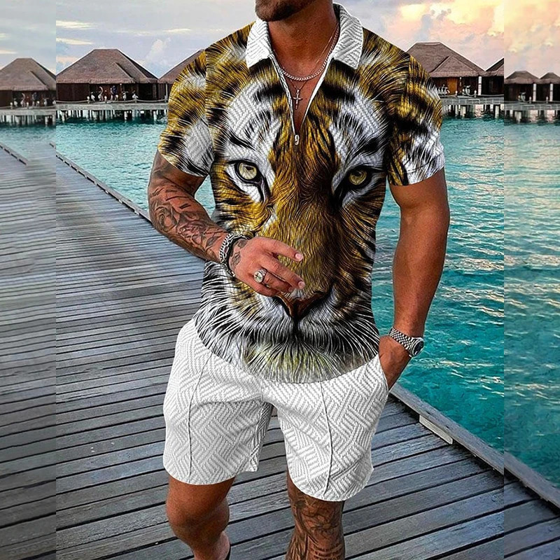 Funny 3D Print Mens Sets Fashion Polo ShirtShorts 2 Piece Outfit Fashion Zipper Short Sleeve Shirts Summer Hip Hop Streetwear 250605