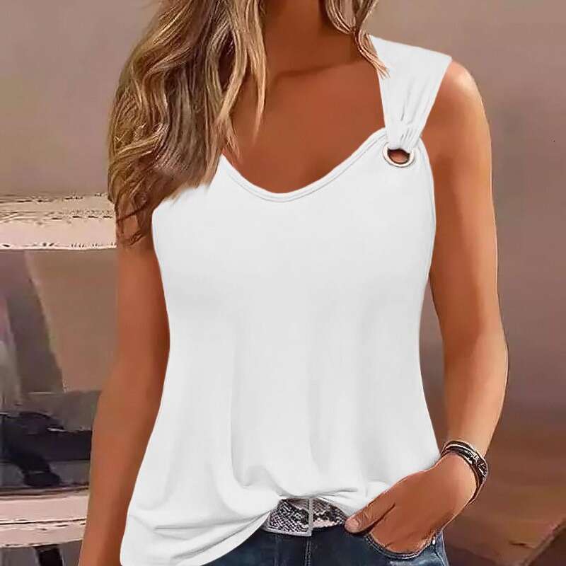 Summer Fashion Sexy Simple Metal Buckle V-Neck Sleeveless Women's Solid Color Sweet Vest B5