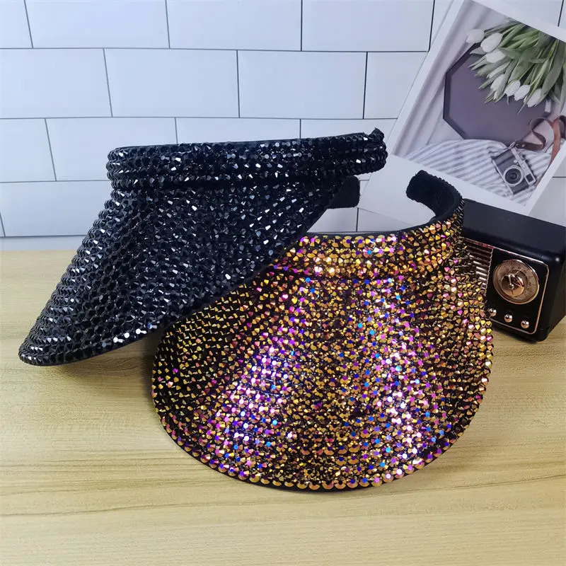 Female spring and summer boutique rhinestones color personality shade sunscreen breathable empty top hat female 250603