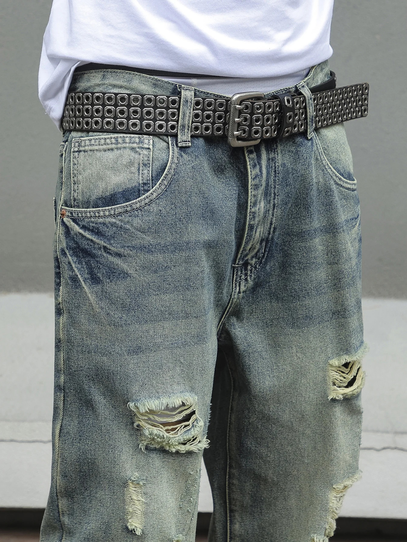 Y2K Distressed Skinny Jeans for Men Ripped Vintage High-Waisted Hip-Hop Streetwear Style 250605