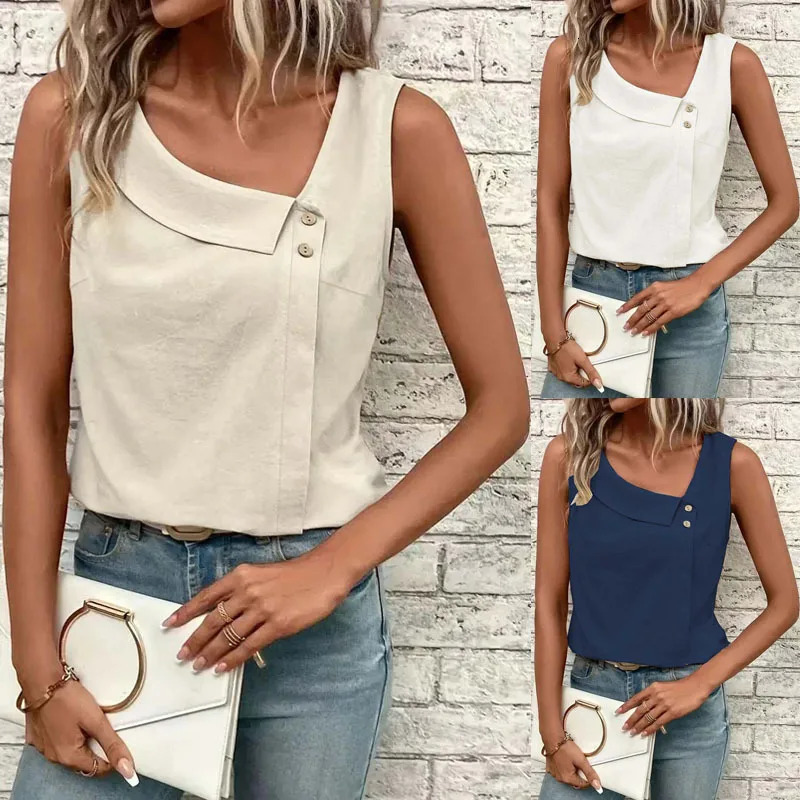 womens casual slanted neck sleeveless regular pullover multi-color womens top T-shirt 250605