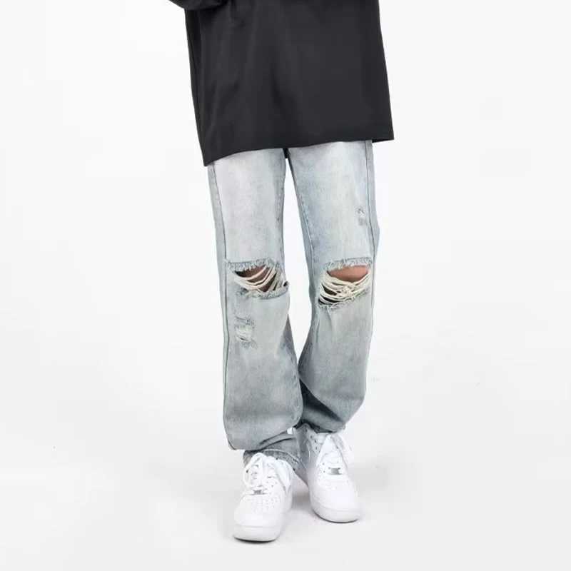 Summer Mens Ripped Jeans Blue Loose Fit Hole Wide-leg Pants Casual Fashion Trousers Streetwear Denim Mens CloTHing Z250605