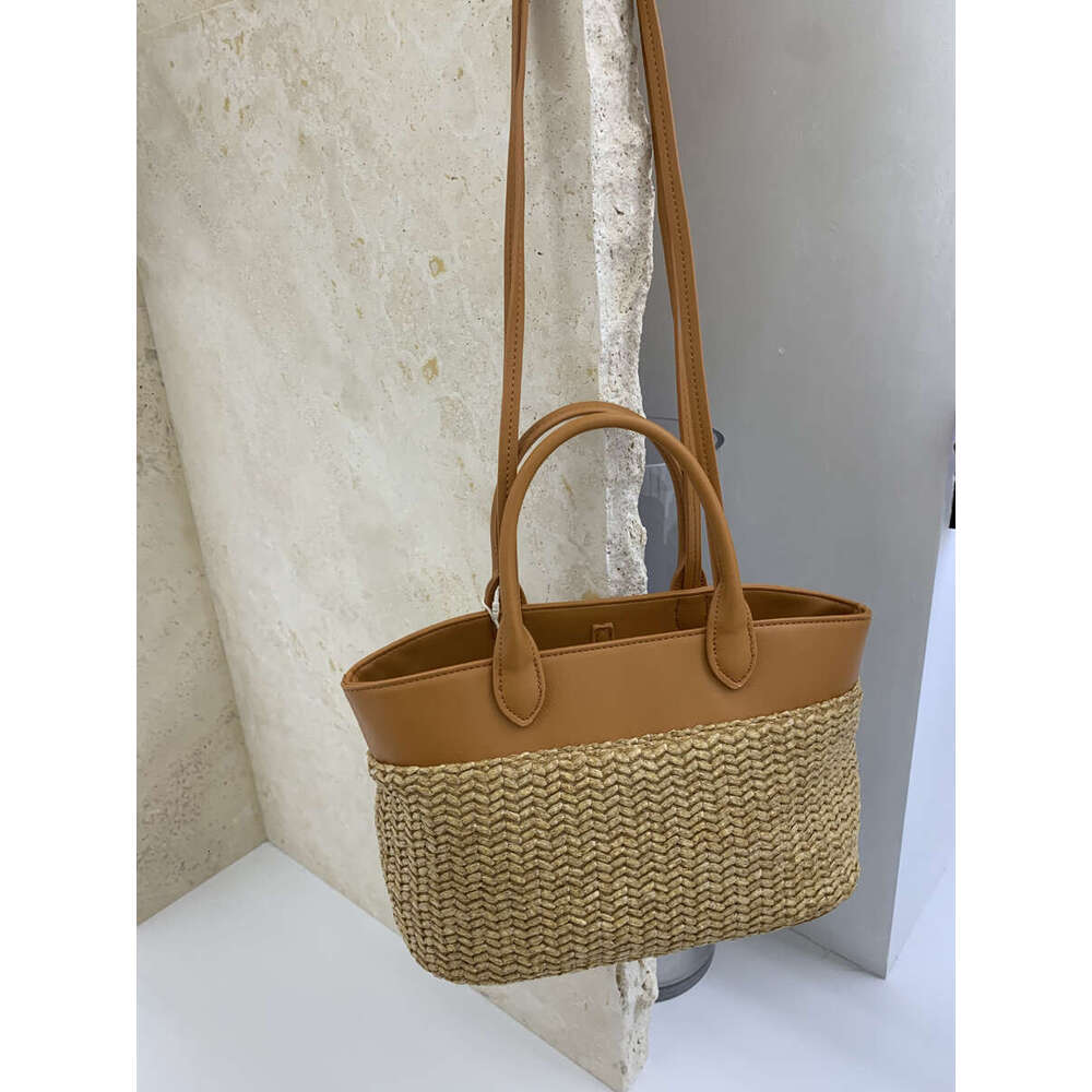 Spring Summer New Straw Tote Patchwork Color Block Handbag Shoulder Pastoral Style Woven Vacation Bag