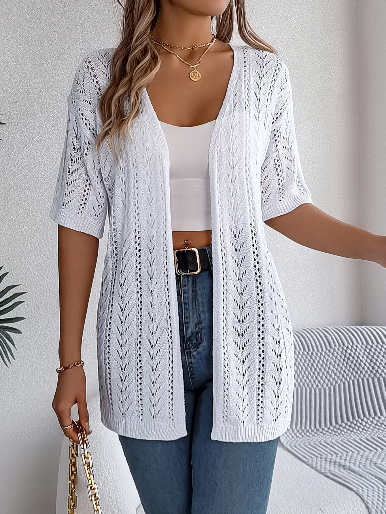 Spring and Summer Elegant Knitted Cardigan Hollow Out Short Sleeved Sun Proof Tops for Women 250530