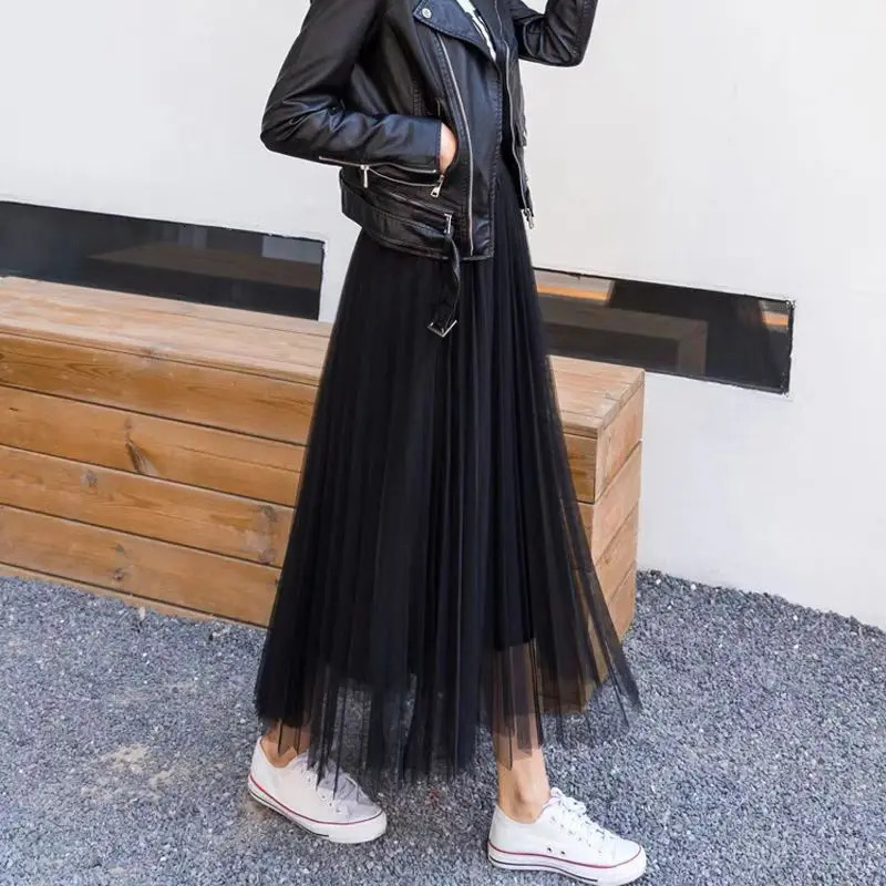 Vintage Tulle Skirt Women Streetwear Elastic High Waist Mesh Pleated Skirts Summer Elegant Korean A Line Office Ladies Skirt 250605
