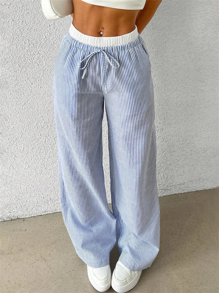 Womens Casual Striped Woven Wide Leg Pants Fall Winter Casual Stylish Full Length Trousers Y2K Clothes Streetwear 250605