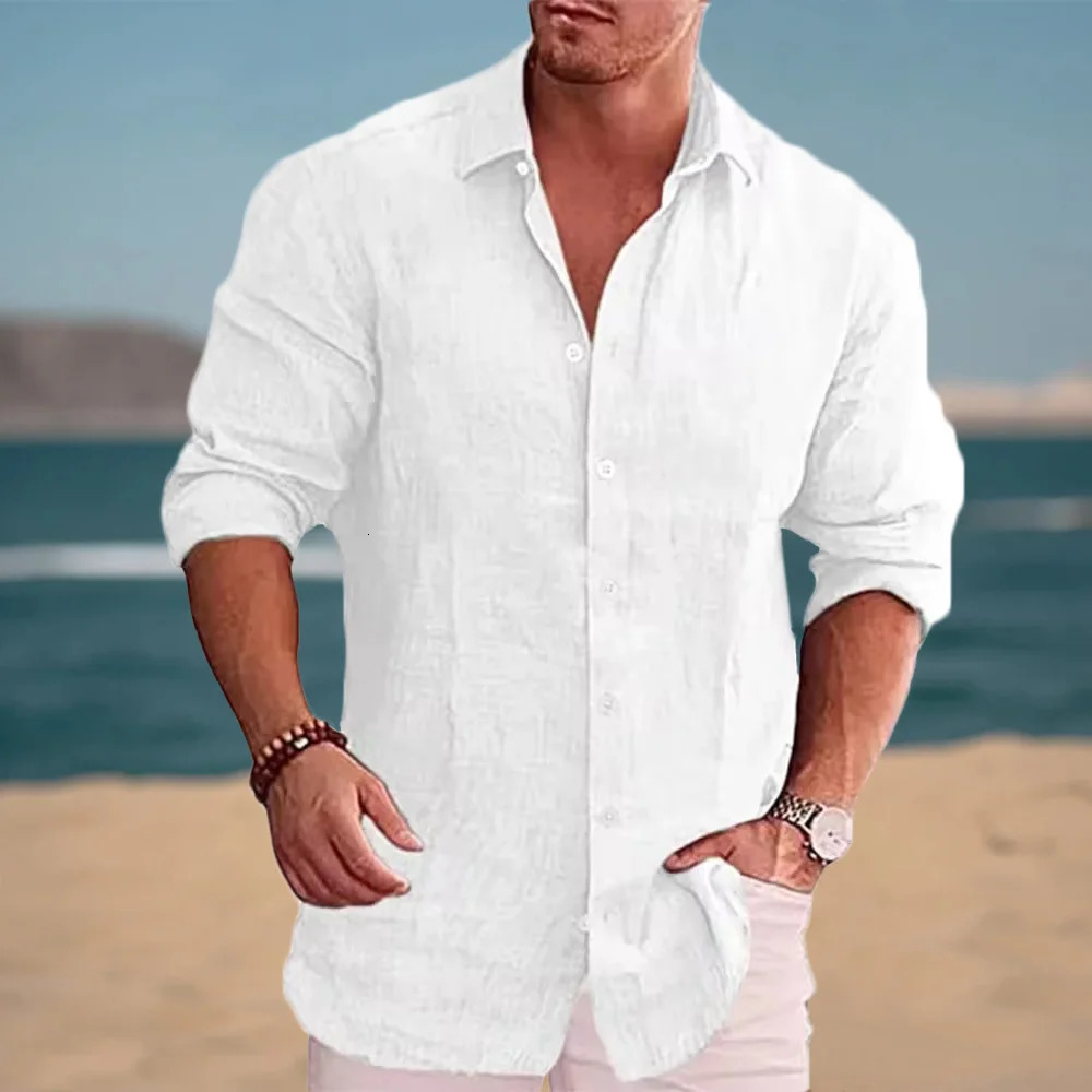 Autumn Mens Long Sleeve Shirt Cotton Linen Breathable Solid Color Casual Style Plus Size Dailywear Mens Linen Shirt 250530