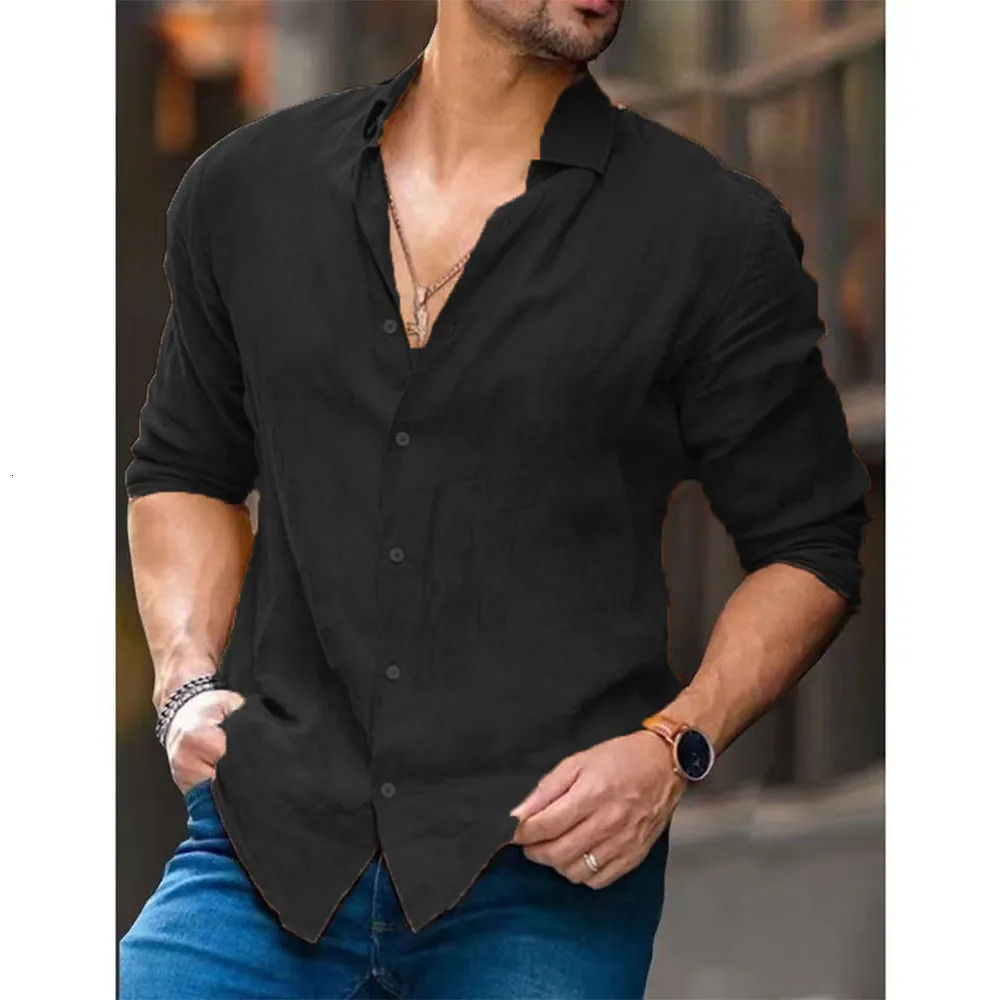 Mens Shirts Cotton Linen Lightweight Lapel Collar Hawaiian Shirt Casual Slim Shirt Male Long Sleeve Tops Shirt Blouse 250605