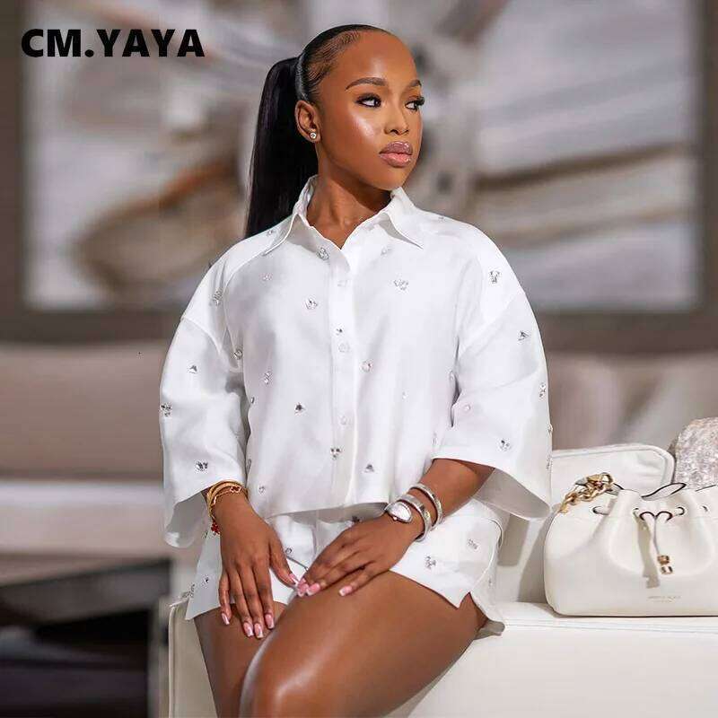 CM.YAYA Fashion Beading Women's Set 3/4 Sleeve Shirt Tops and Shorts 2025 Summer Street Two 2 Piece Sets Outfits Tracksuit
