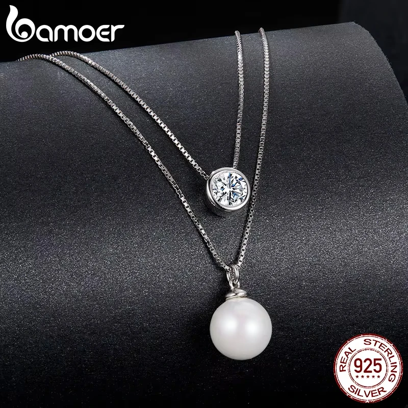BAMOER Moissanite Pearl Necklaces for Women, Dainty Real 925 Sterling Silver Choker Double Layer Necklace Elegant Jewelry Necklaces