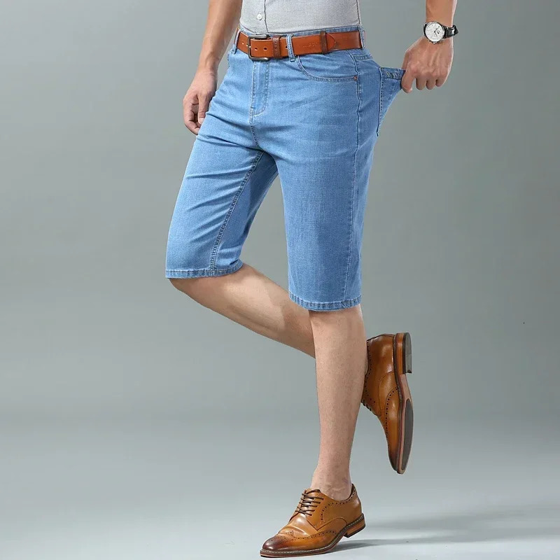 Summer Mens Denim Shorts Fashion Light Color Casual Loose Multi-pocket Straight Five-minute Pants Elastic Knee Shorts 250530
